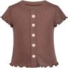 Sunny Fashion Girls T-Shirt Crop Top Brown Lettuce Trim Ribbed Knit Button Casual(Brown)