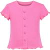 Sunny Fashion Girls T-Shirt Crop Top Brown Lettuce Trim Ribbed Knit Button Casual(Pink)