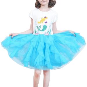 Girls Dress Pink Tutu Unicorn Dancing Tiered Skirt Ballet Birthday Party 3-7(Blue Mermaid)