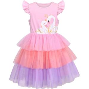 Girls Dress Pink Tutu Unicorn Dancing Tiered Skirt Ballet Birthday Party 3-7(Pink Swan)