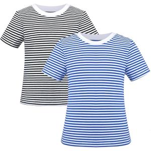 Sunny Fashion 2 Pack Girls T-Shirt Top Tee Solid Striped Basic Cozy Cotton Essential(Blue Black)