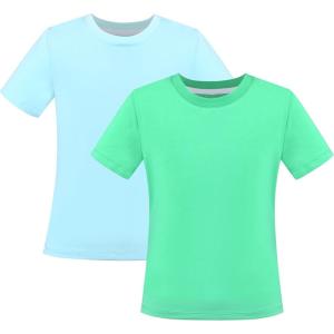 Sunny Fashion 2 Pack Girls T-Shirt Top Tee Solid Striped Basic Cozy Cotton Essential(Green Turquoise)