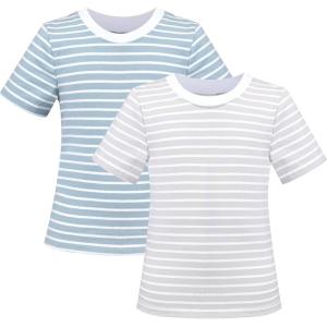 Sunny Fashion 2 Pack Girls T-Shirt Top Tee Solid Striped Basic Cozy Cotton Essential(Grey Blue)