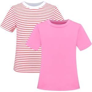 Sunny Fashion 2 Pack Girls T-Shirt Top Tee Solid Striped Basic Cozy Cotton Essential(Pink Red)