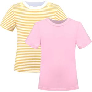 Sunny Fashion 2 Pack Girls T-Shirt Top Tee Solid Striped Basic Cozy Cotton Essential(Pink Yellow)
