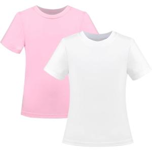 Sunny Fashion 2 Pack Girls T-Shirt Top Tee Solid Striped Basic Cozy Cotton Essential(White Pink)