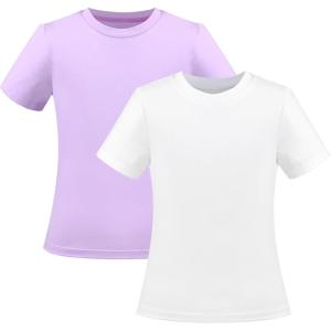 Sunny Fashion 2 Pack Girls T-Shirt Top Tee Solid Striped Basic Cozy Cotton Essential(White Purple)