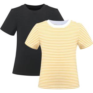 Sunny Fashion 2 Pack Girls T-Shirt Top Tee Solid Striped Basic Cozy Cotton Essential(Yellow Black)