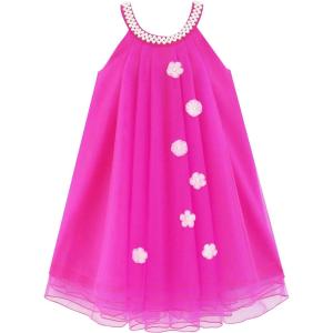 Sunny Fashion Flower Girls Dress Halter Dress Pearl Party Wedding Birthday(Deep Pink)