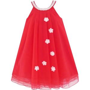 Sunny Fashion Flower Girls Dress Halter Dress Pearl Party Wedding Birthday(Red)