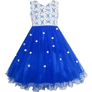 Sunny Fashion Flower Girls Dress Lace Pearl Flowers Pageant Wedding Tulle(Blue)