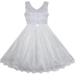 Sunny Fashion Flower Girls Dress Lace Pearl Flowers Pageant Wedding Tulle(Gray)