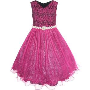 Sunny Fashion Flower Girls Dress Lace Pearl Flowers Pageant Wedding Tulle(Magenta Color)