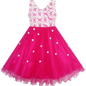 Sunny Fashion Flower Girls Dress Lace Pearl Flowers Pageant Wedding Tulle(Pink)