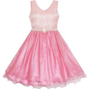 Sunny Fashion Flower Girls Dress Lace Pearl Flowers Pageant Wedding Tulle(Shining Pink)