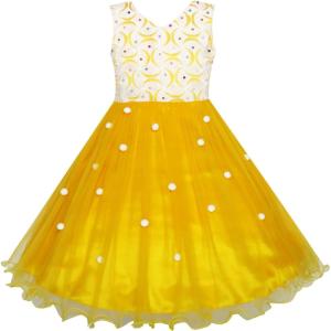 Sunny Fashion Flower Girls Dress Lace Pearl Flowers Pageant Wedding Tulle(Yellow)