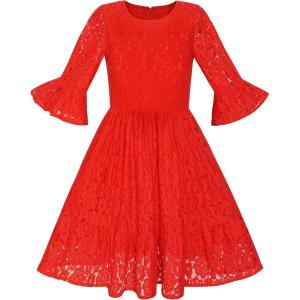 Sunny Fashion Flower Girls Dress Off White Lace Wedding Pageant Party Size 5-10(Red Lace)