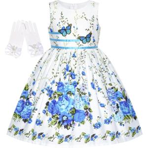 Sunny Fashion Flower Girls Dress White Tea Party Gloves Princess Dress Size 4-12(Blue Flower)