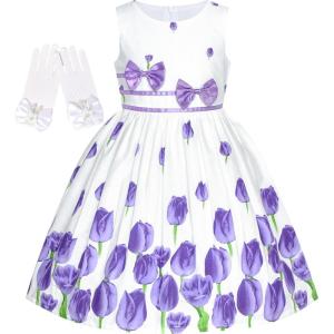Sunny Fashion Flower Girls Dress White Tea Party Gloves Princess Dress Size 4-12(Purple Tulip Set)
