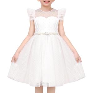 Sunny Fashion Flower Girls Dress White Wedding Pageant Bridesmaid Gown Size 3-10(White Flying Sleeve)
