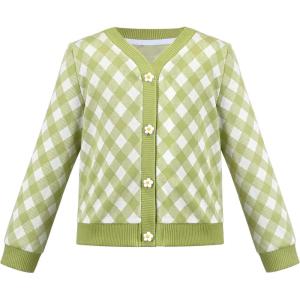 Sunny Fashion Girls Cardigan Button Up Sweater Long Sleeve Warm Casual Knit Jacket(Green Plaid)