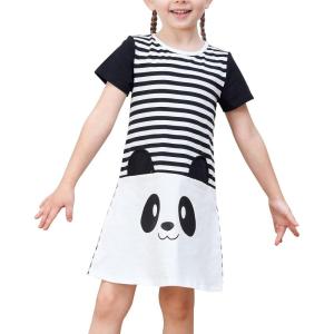 Sunny Fashion Girls Casual Dress Cotton Short Sleeve Swan Embroidered Size 2-6(Black Panda)