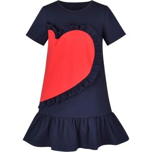 Sunny Fashion Girls Casual Dress Cotton Short Sleeve Swan Embroidered Size 2-6(Blue Heart)