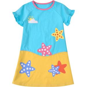 Sunny Fashion Girls Casual Dress Cotton Short Sleeve Swan Embroidered Size 2-6(Blue Star)