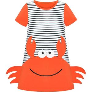 Sunny Fashion Girls Casual Dress Cotton Short Sleeve Swan Embroidered Size 2-6(Orange Crab)
