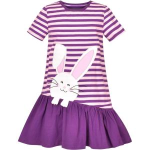 Sunny Fashion Girls Casual Dress Cotton Short Sleeve Swan Embroidered Size 2-6(Purple)
