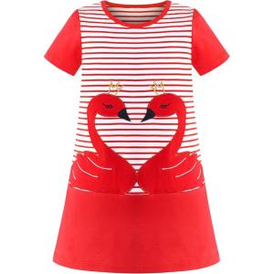 Sunny Fashion Girls Casual Dress Cotton Short Sleeve Swan Embroidered Size 2-6(Red Swan)