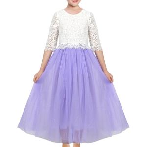 Sunny Fashion Girls Dress 2PC Set White Floral Lace Glitter Tulle Skirt 3/4 Sleeve(Purple)