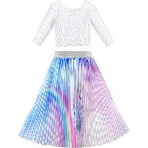 Sunny Fashion Girls Dress 2PC Set White Floral Lace Glitter Tulle Skirt 3/4 Sleeve(Purple Set)