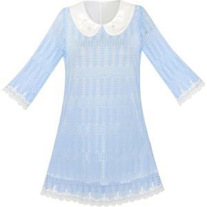 Sunny Fashion Girls Dress 3/4 Sleeve White Collar Lace Blue Dress Size 5-12