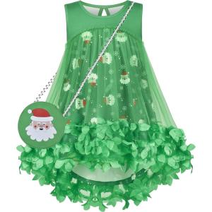 Sunny Fashion Girls Dress A-line Cute Handbag White Princess Size 5-10(Green Santa)