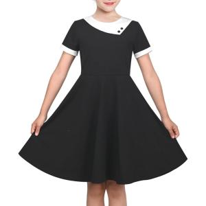 Sunny Fashion Girls Dress Black Asymmetric Collar Knit Preppy School Family Short Sleeve Cotton(Black)