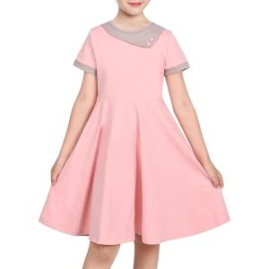 Sunny Fashion Girls Dress Black Asymmetric Collar Knit Preppy School Family Short Sleeve Cotton(Pink)