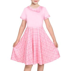 Sunny Fashion Girls Dress Black Asymmetric Collar Knit Preppy School Family Short Sleeve Cotton(Pink Plaid)