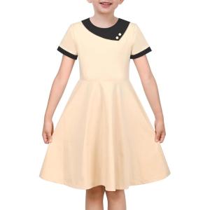 Sunny Fashion Girls Dress Black Asymmetric Collar Knit Preppy School Family Short Sleeve Cotton(Tan Beige)