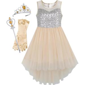 Sunny Fashion Girls Dress Black Hi-Low Magic Wand Princess Crown Dress Up(Beige Set)