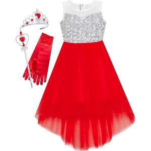 Sunny Fashion Girls Dress Black Hi-Low Magic Wand Princess Crown Dress Up(Red Set)
