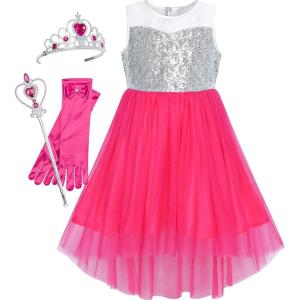 Sunny Fashion Girls Dress Black Hi-Low Magic Wand Princess Crown Dress Up(Watermelon Red Set)