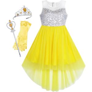 Sunny Fashion Girls Dress Black Hi-Low Magic Wand Princess Crown Dress Up(Yellow Set)