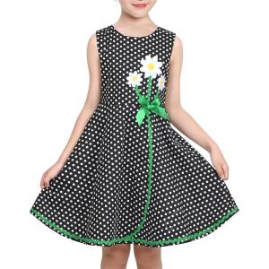 Sunny Fashion Girls Dress Blue Flower Print(Black Polka Dot)