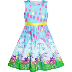 Sunny Fashion Girls Dress Blue Flower Print(Blue Bunny)