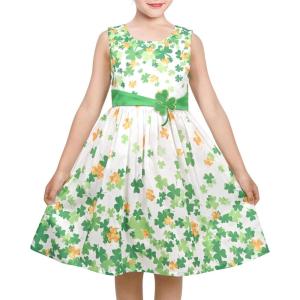 Sunny Fashion Girls Dress Blue Flower Print(Green Shamrock)