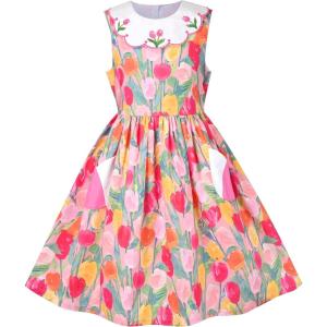 Sunny Fashion Girls Dress Blue Flower Print(Pink Tulip)