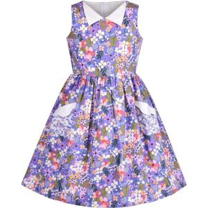Sunny Fashion Girls Dress Blue Flower Print(Purple Flower)