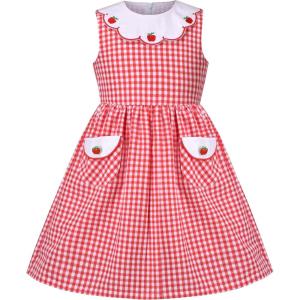 Sunny Fashion Girls Dress Blue Flower Print(Red Plaid)