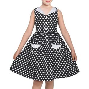 Sunny Fashion Girls Dress Blue Polka Dot Pocket Pleated Summer Sleeveless Cotton(Black Polka Dot)
